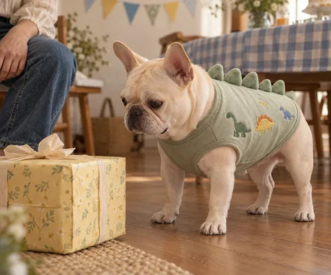 French bulldog in a green dinosaur birthday outfit — official AI concept