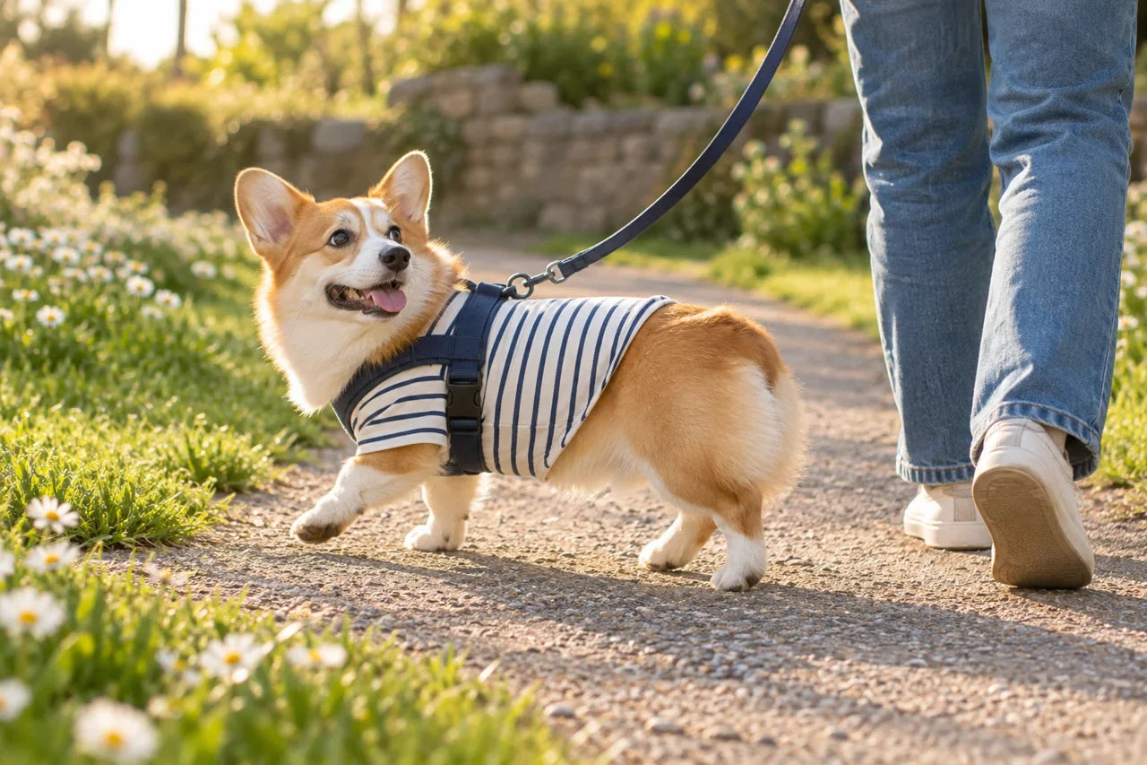 Happy corgi in a striped top on a sunny walk — AI concept
