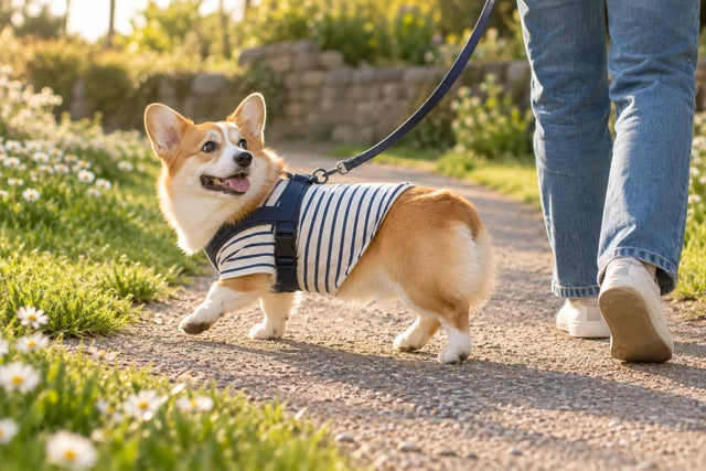 Happy corgi in a striped top on a sunny walk — official AI concept